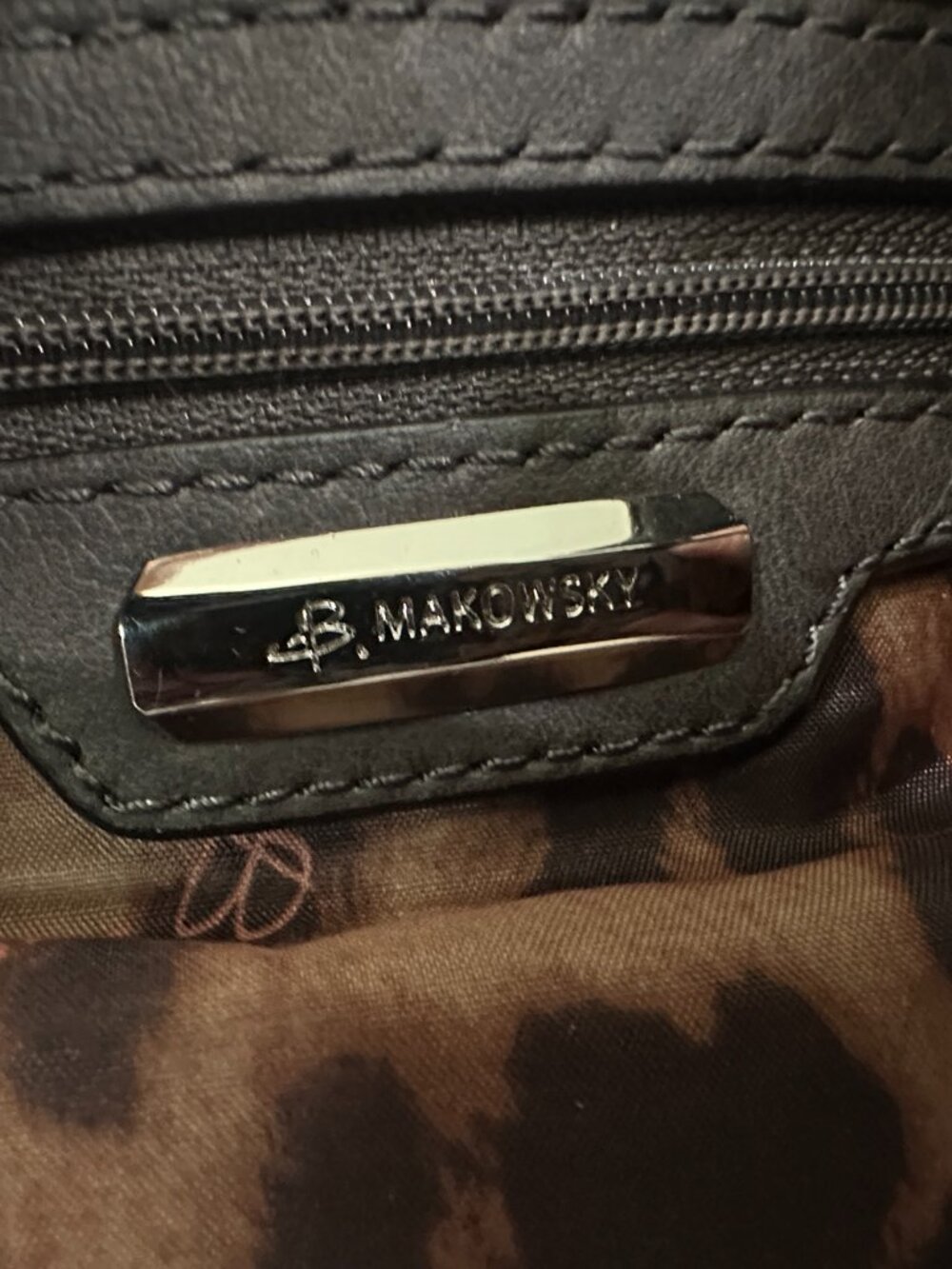 B. Makowsky Y2K Black Pebbled Leather Satchel Shoulder Bag Leopard Lining - Picture 7 of 9